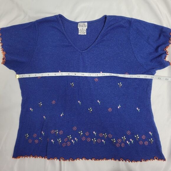 VINTAGE 90s shirt Vanity Fair top blue embroidered floral lettuce hem M - Picture 6 of 7